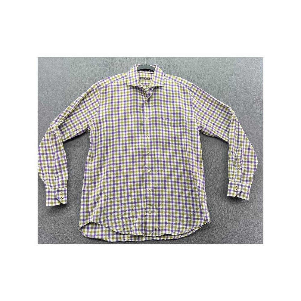 Peter Millar Button Up Shirt Men's Large Purple Olive Green Gingham Cotton
